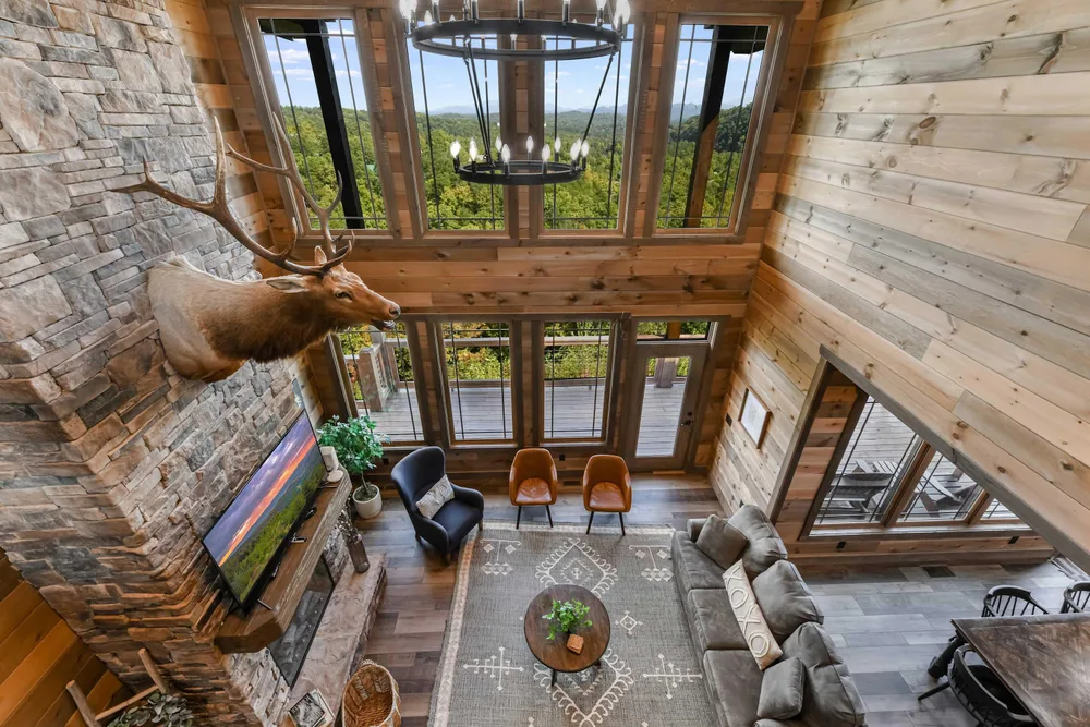 Spacious cabin living room with views