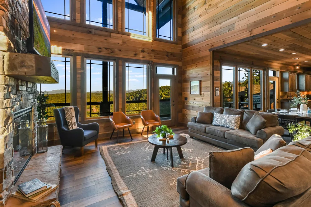 Cozy living room with large windows
