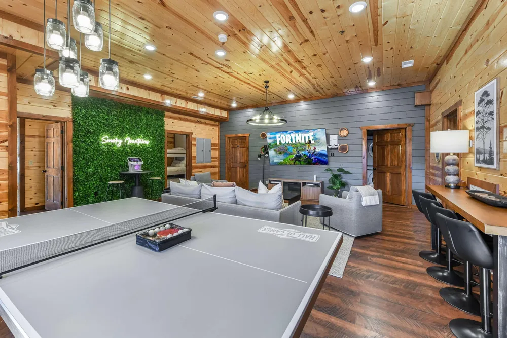 Game room with entertainment and seating