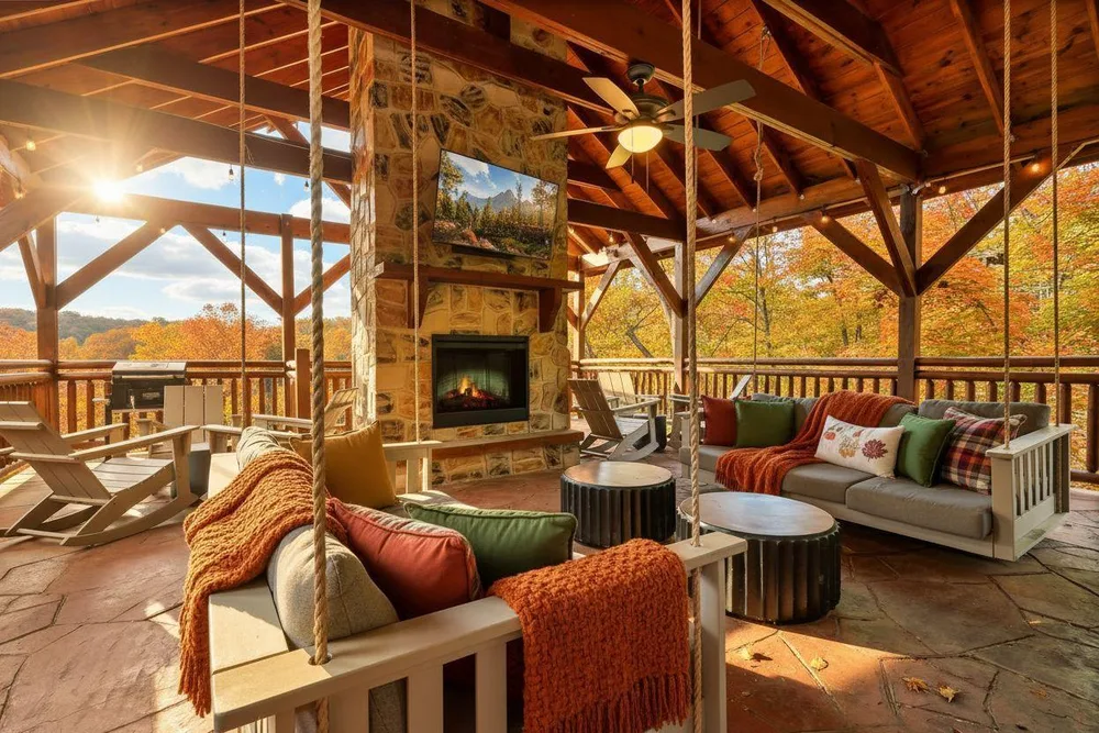 Open deck with fireplace and seating area