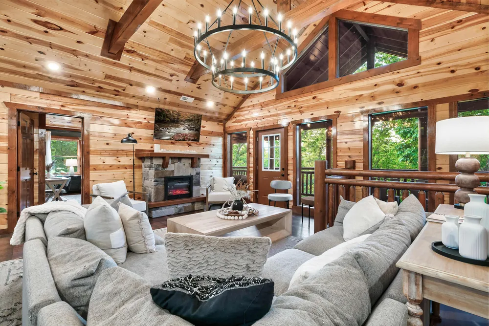Cozy cabin living room with fireplace