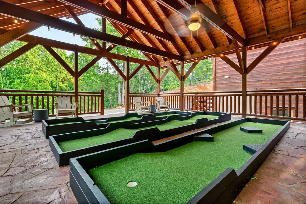 Covered mini-golf area with seating