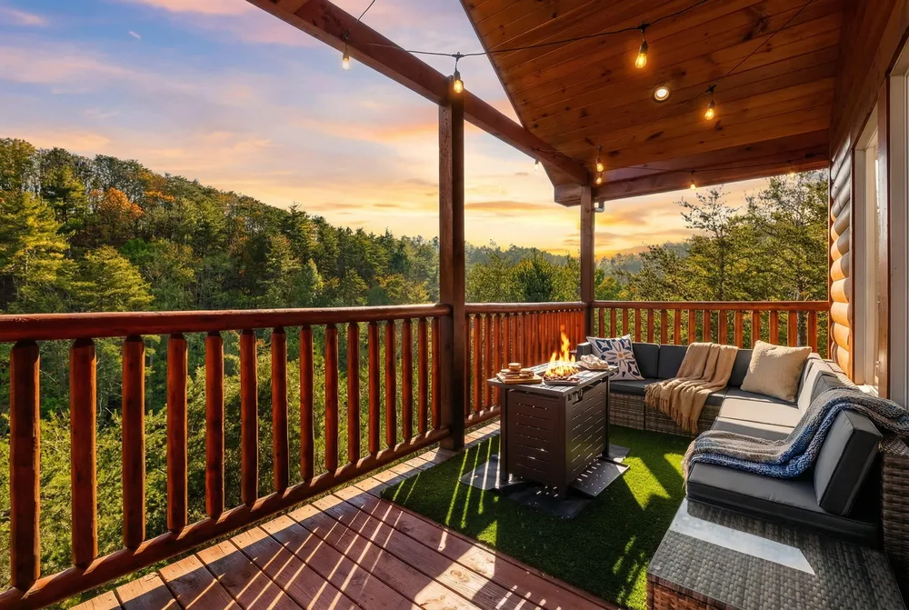 Deck with seating and fire pit views