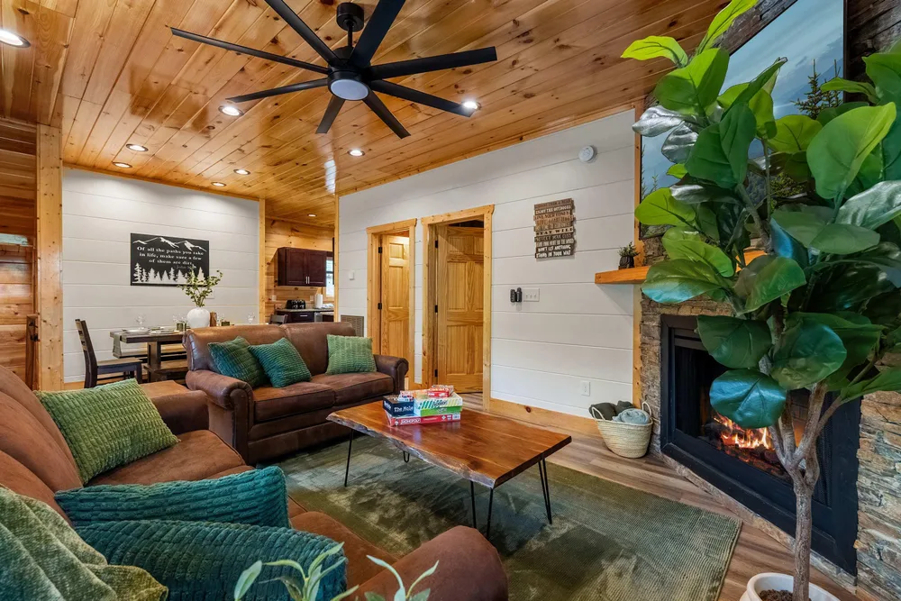 Cozy living room with fireplace and seating