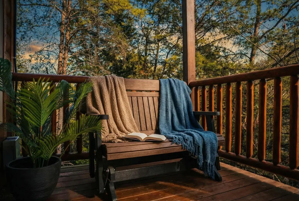 Cozy porch with blankets and book
