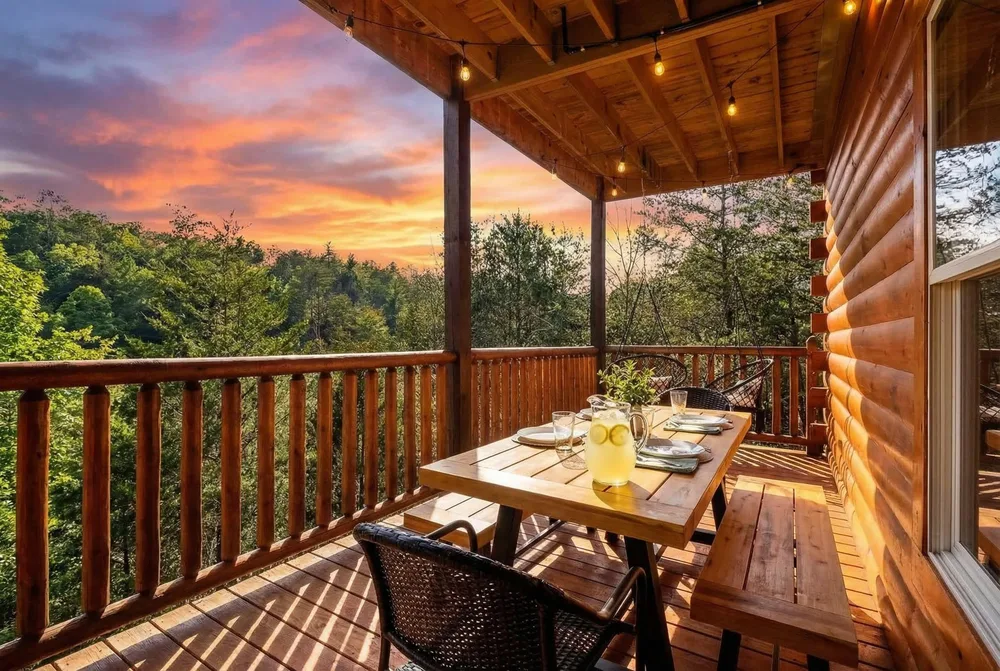 Deck with dining area and sunset view
