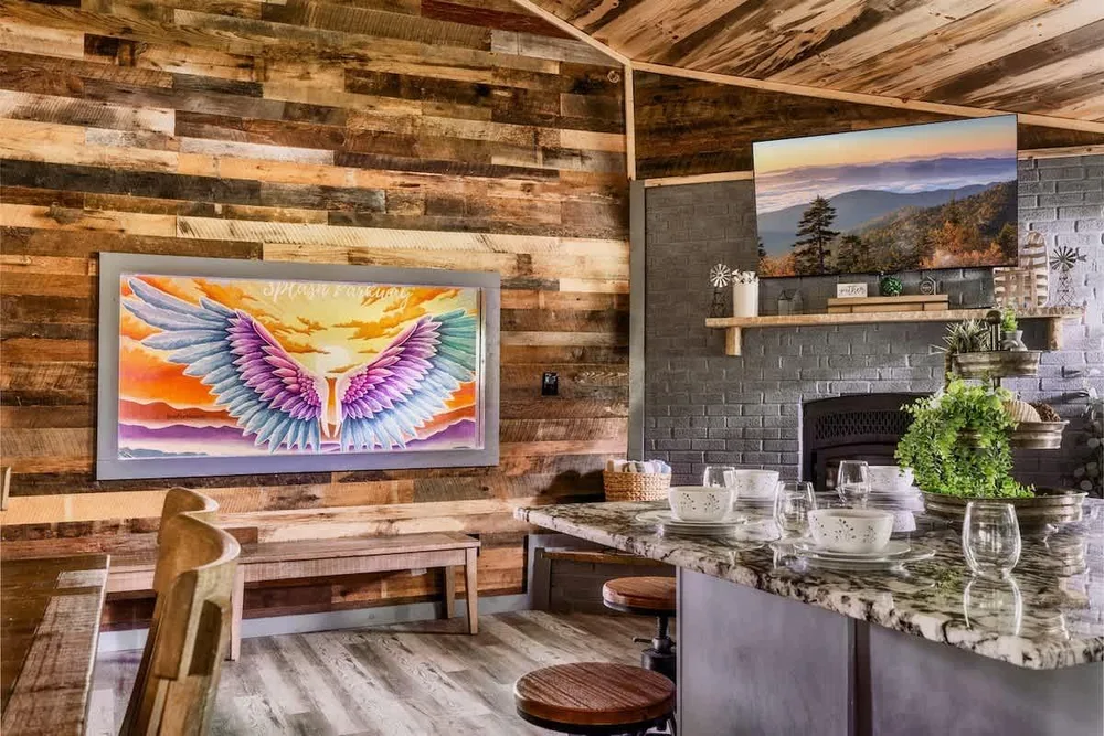 Cozy dining area with wall art