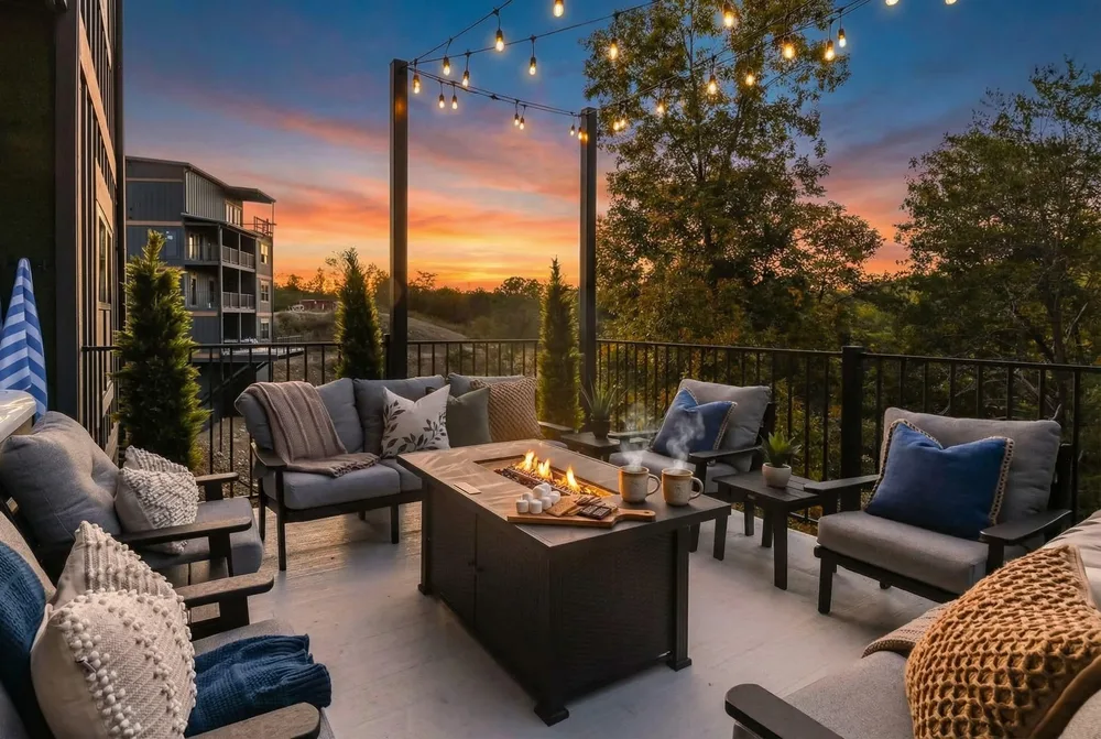 Outdoor seating area with sunset view