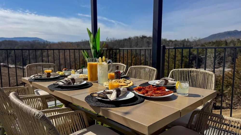 Dining table with mountain view setup