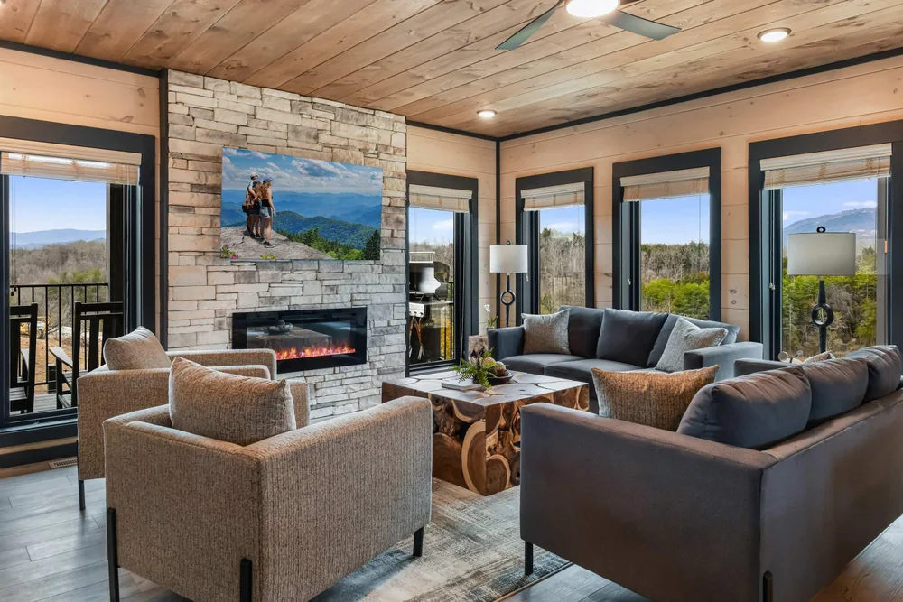 Spacious living room with mountain views