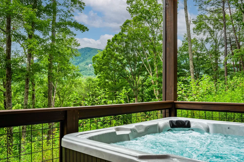 Hot tub with forest and mountain view