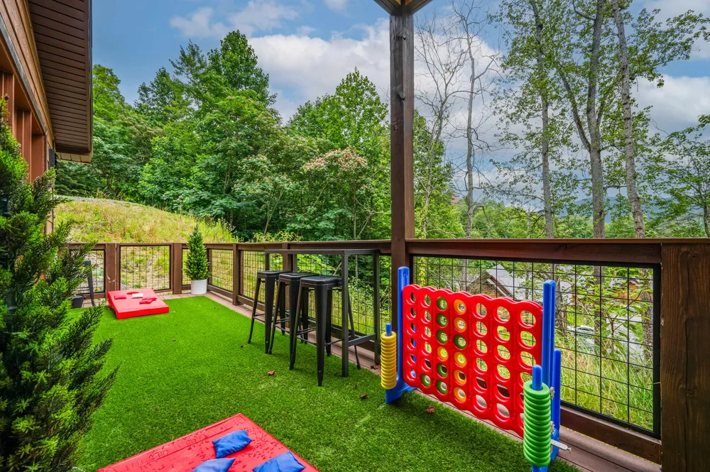 Outdoor play area with seating and games