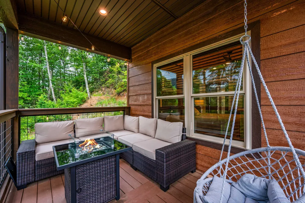 Covered deck with fire pit seating