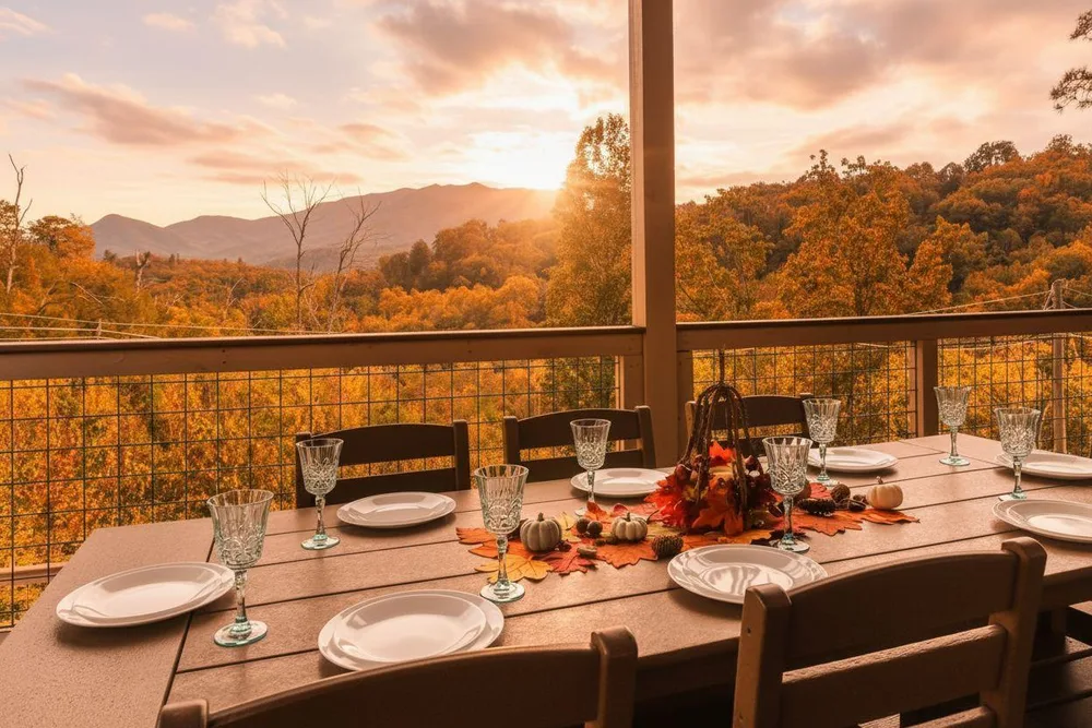Dining table with mountain view and autumn colors