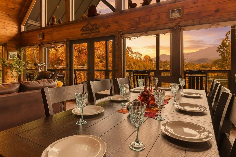 Dining area with mountain sunset view