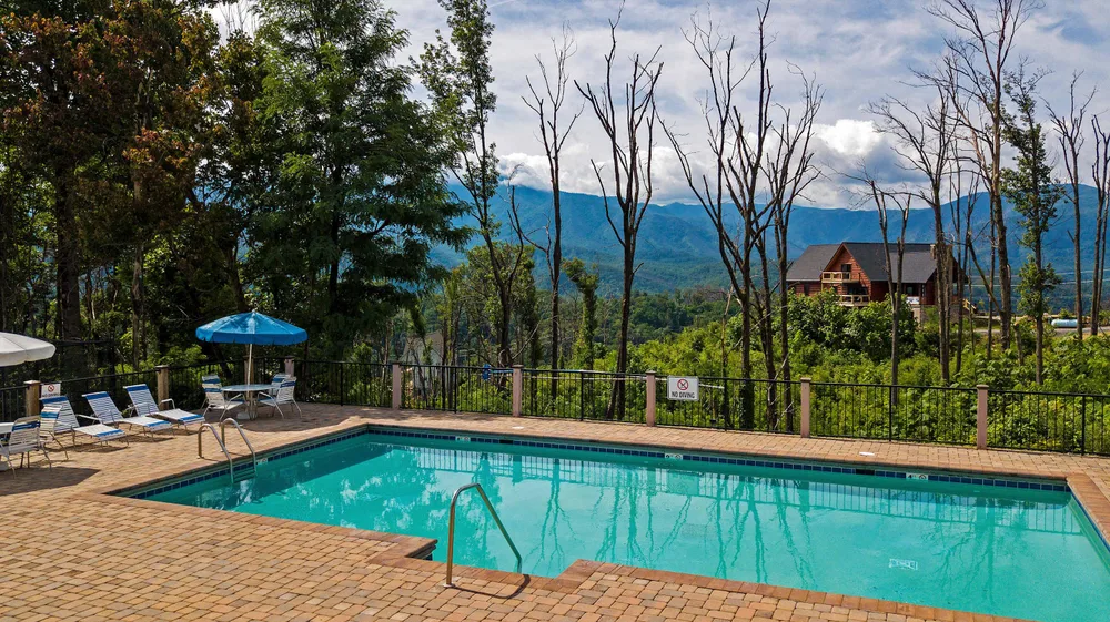 Outdoor pool with forest and mountain view