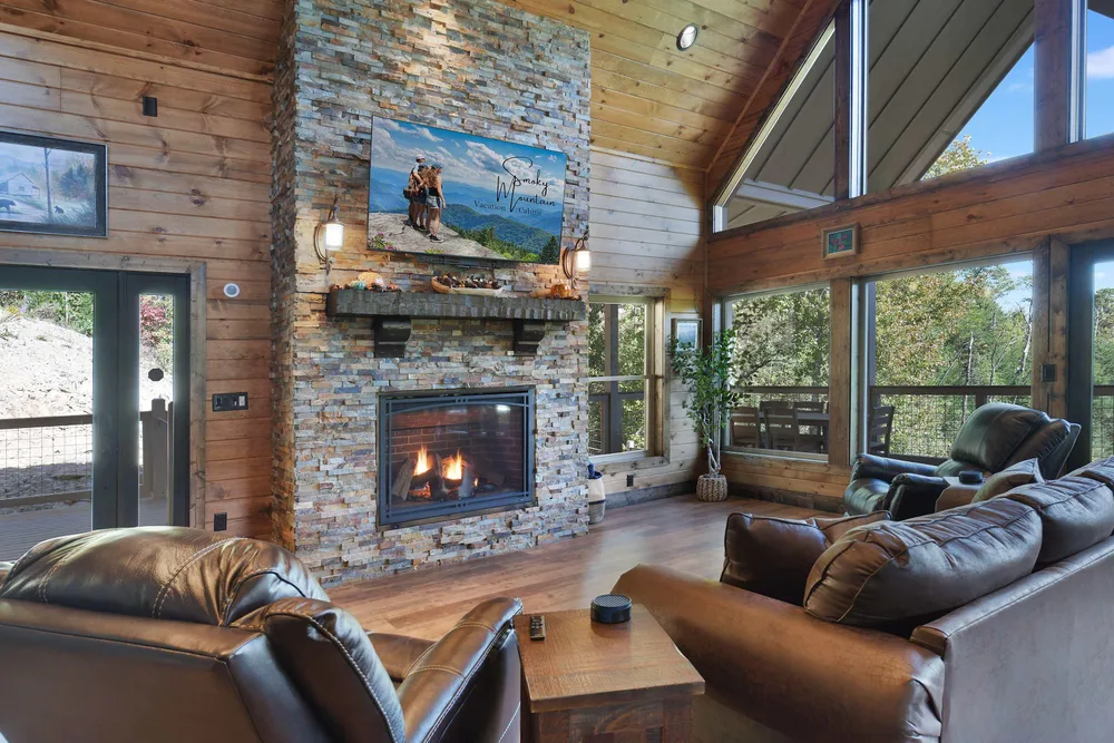 Cozy living room with stone fireplace