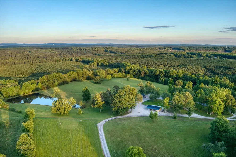 Expansive landscape with pond and trees