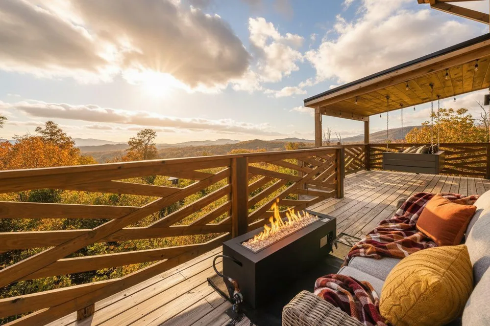 Covered deck with sunset view and firepit