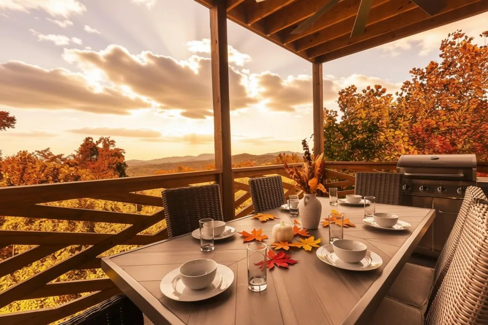 Outdoor dining area with mountain views